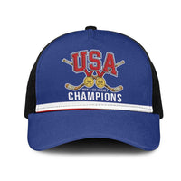 United States Hockey 1980-2026 Gold Medal Mesh Trucker Cap Embroidery Effect Blue Style