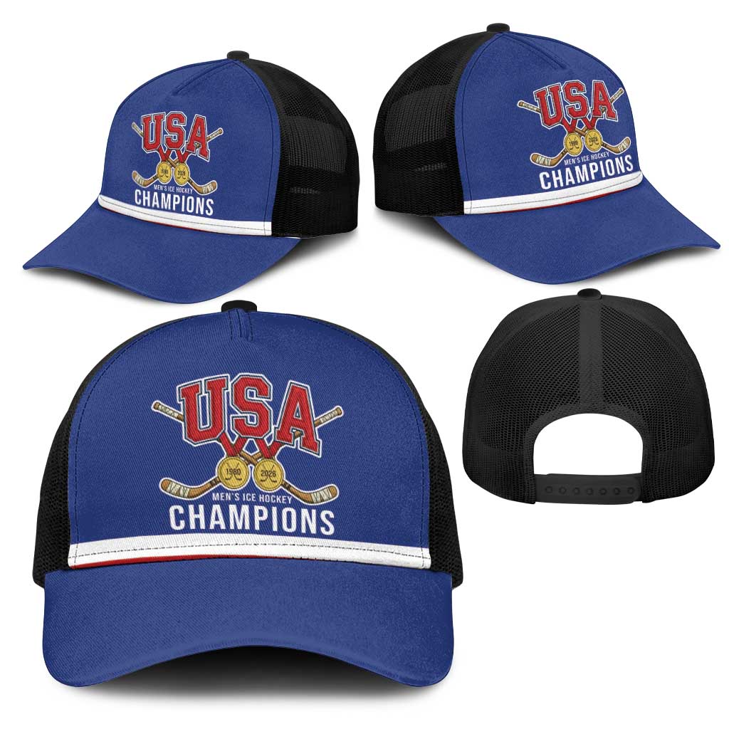 United States Hockey 1980-2026 Gold Medal Mesh Trucker Cap Embroidery Effect Blue Style