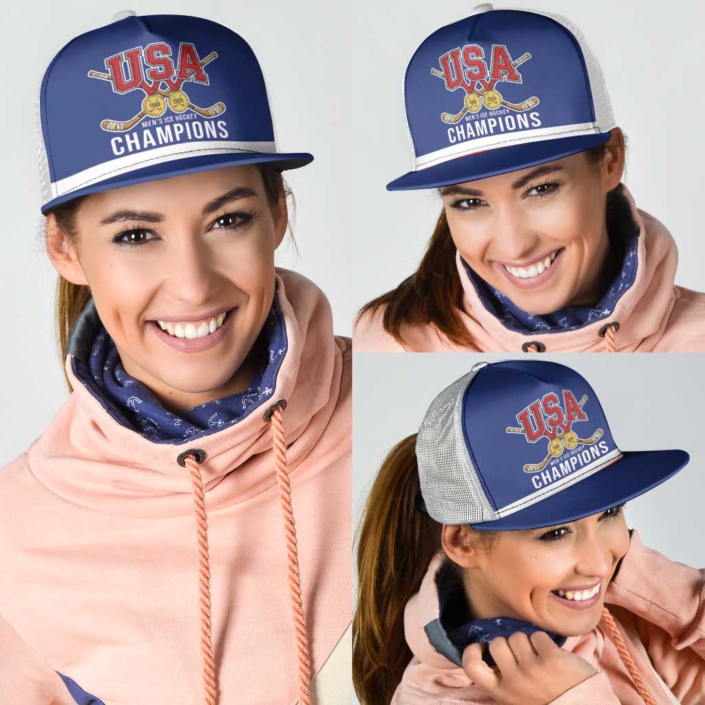United States Hockey 1980-2026 Gold Medal Mesh Trucker Cap Embroidery Effect Blue Style