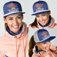 United States Hockey 1980-2026 Gold Medal Mesh Trucker Cap Embroidery Effect Blue Style