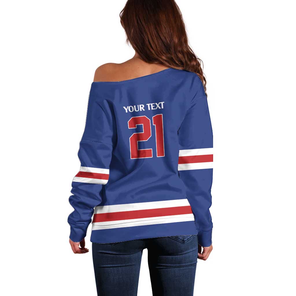 Custom United States Hockey 1980-2026 Gold Medal Off Shoulder Sweater Embroidery Effect Blue Style