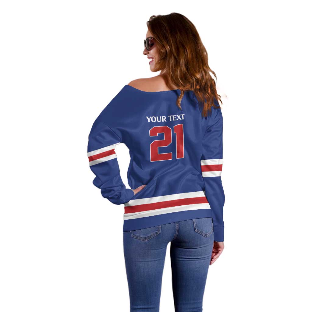 Custom United States Hockey 1980-2026 Gold Medal Off Shoulder Sweater Embroidery Effect Blue Style