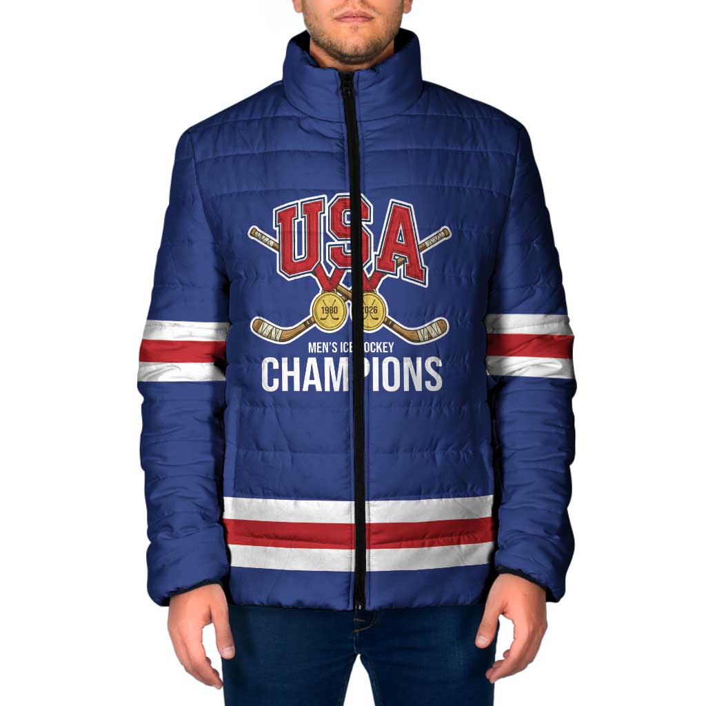 Custom United States Hockey 1980-2026 Gold Medal Padded Jacket Embroidery Effect Blue Style