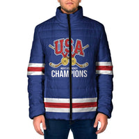 Custom United States Hockey 1980-2026 Gold Medal Padded Jacket Embroidery Effect Blue Style