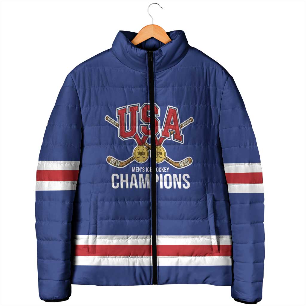 Custom United States Hockey 1980-2026 Gold Medal Padded Jacket Embroidery Effect Blue Style
