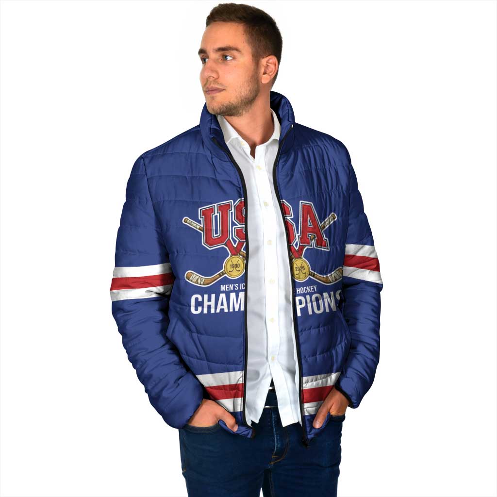 Custom United States Hockey 1980-2026 Gold Medal Padded Jacket Embroidery Effect Blue Style