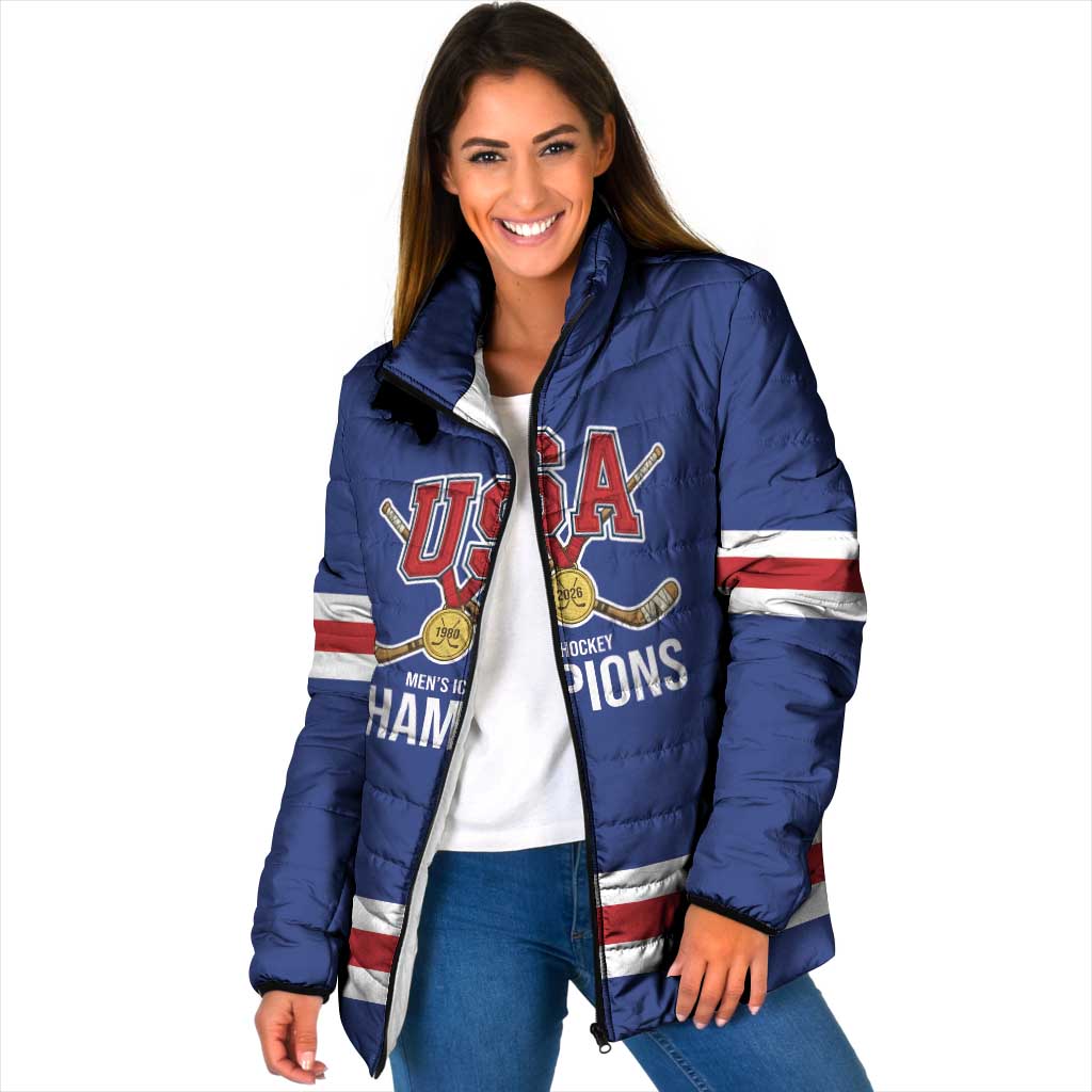 Custom United States Hockey 1980-2026 Gold Medal Padded Jacket Embroidery Effect Blue Style