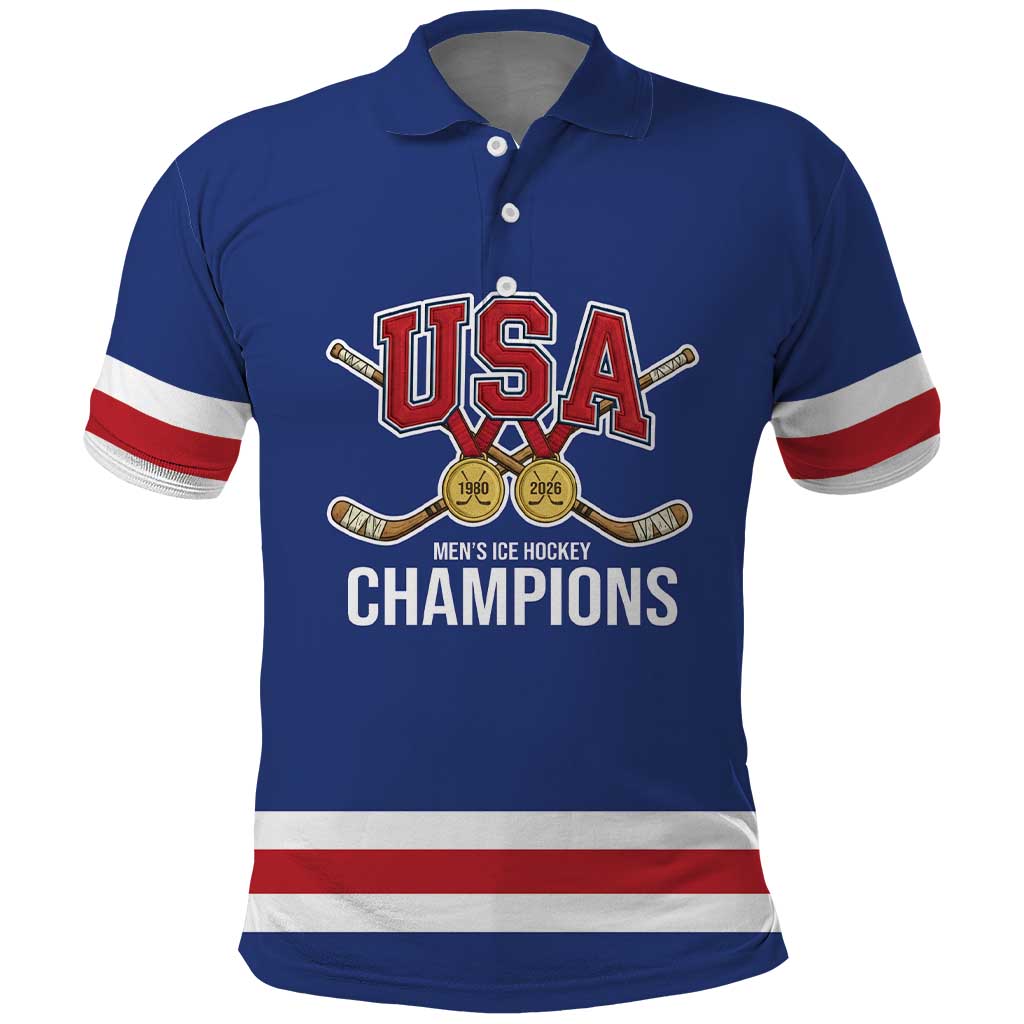 Custom United States Hockey 1980-2026 Gold Medal Polo Shirt Embroidery Effect Blue Style