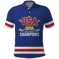 Custom United States Hockey 1980-2026 Gold Medal Polo Shirt Embroidery Effect Blue Style