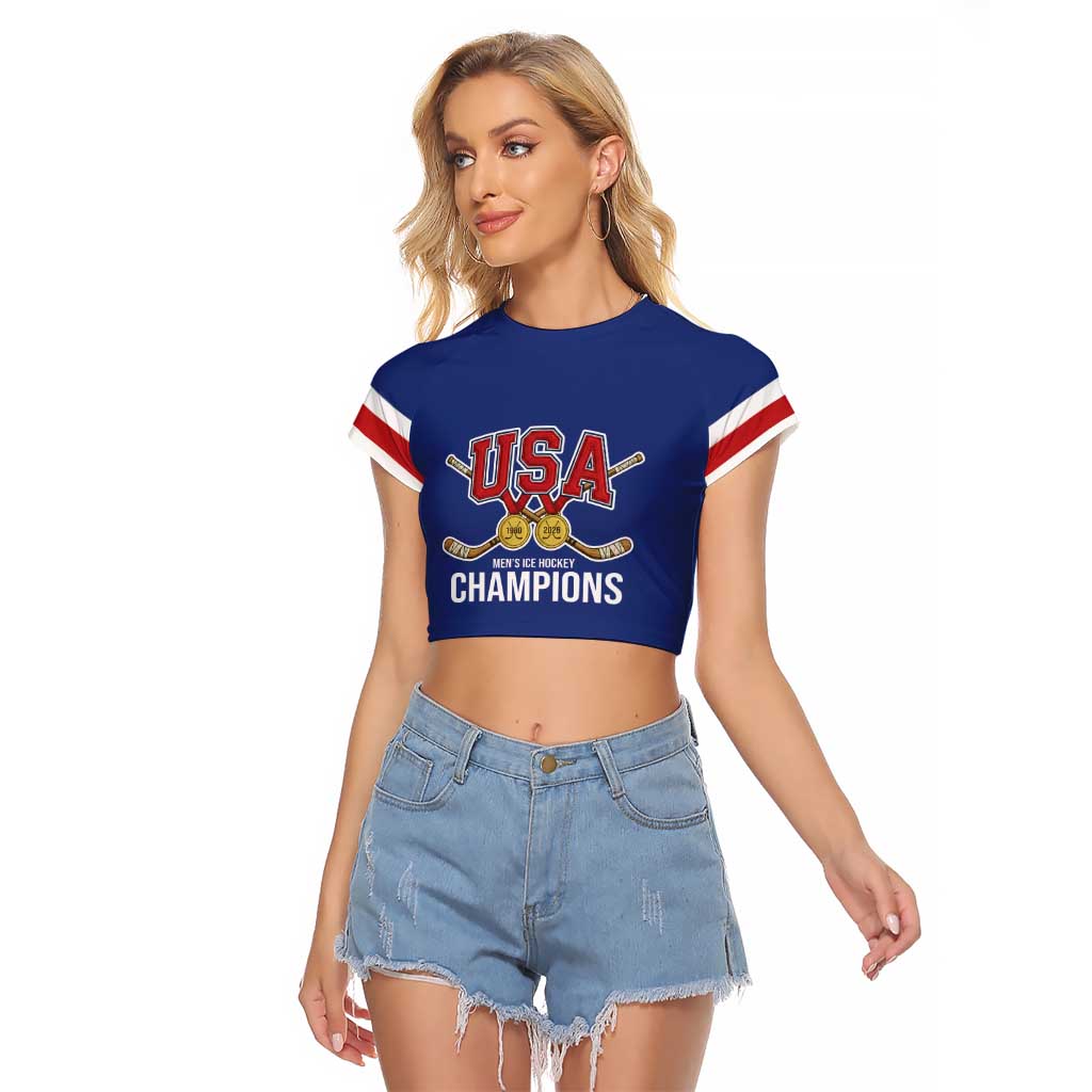 Custom United States Hockey 1980-2026 Gold Medal Raglan Cropped T Shirt Embroidery Effect Blue Style