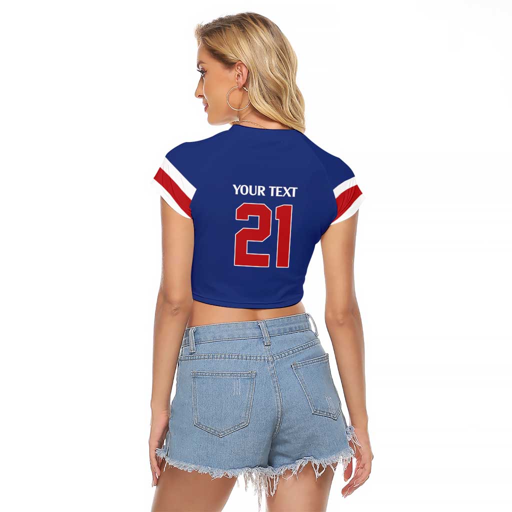 Custom United States Hockey 1980-2026 Gold Medal Raglan Cropped T Shirt Embroidery Effect Blue Style