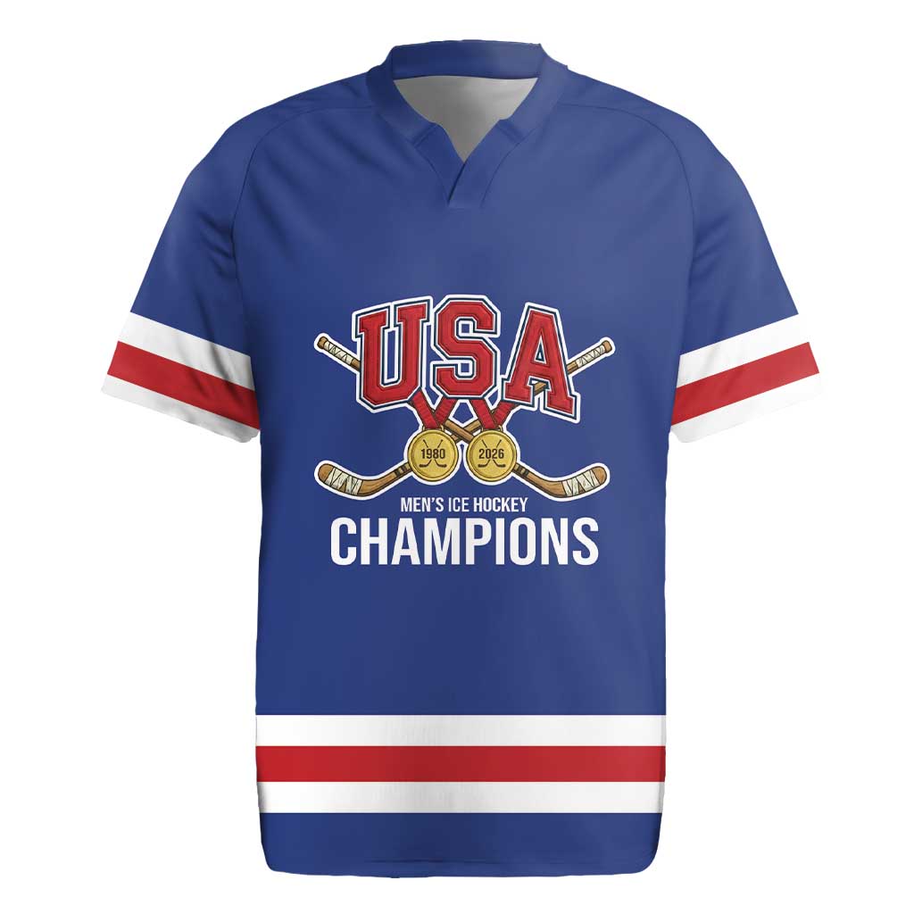Custom United States Hockey 1980-2026 Gold Medal Rugby Jersey Embroidery Effect Blue Style