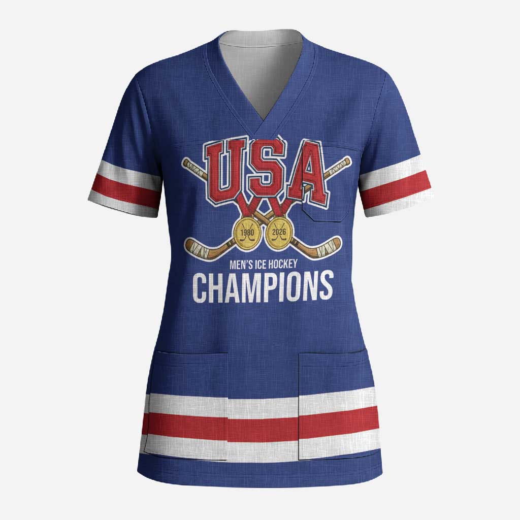 Custom United States Hockey 1980-2026 Gold Medal Scrub Top Embroidery Effect Blue Style