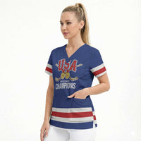 Custom United States Hockey 1980-2026 Gold Medal Scrub Top Embroidery Effect Blue Style