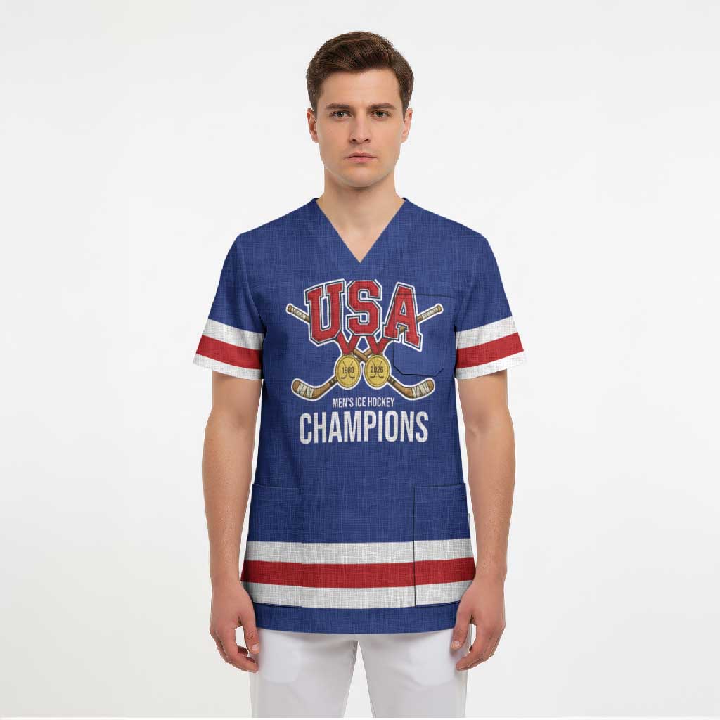 Custom United States Hockey 1980-2026 Gold Medal Scrub Top Embroidery Effect Blue Style