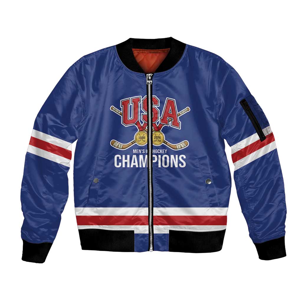 Custom United States Hockey 1980-2026 Gold Medal Sleeve Zip Bomber Jacket Embroidery Effect Blue Style