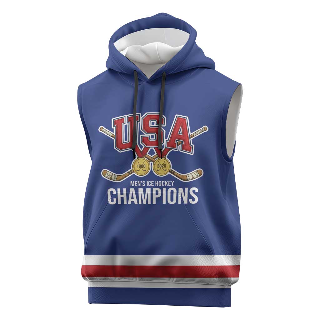 Custom United States Hockey 1980-2026 Gold Medal Sleeveless Hoodie Embroidery Effect Blue Style