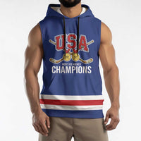 Custom United States Hockey 1980-2026 Gold Medal Sleeveless Hoodie Embroidery Effect Blue Style