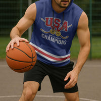 Custom United States Hockey 1980-2026 Gold Medal Sleeveless Hoodie Embroidery Effect Blue Style