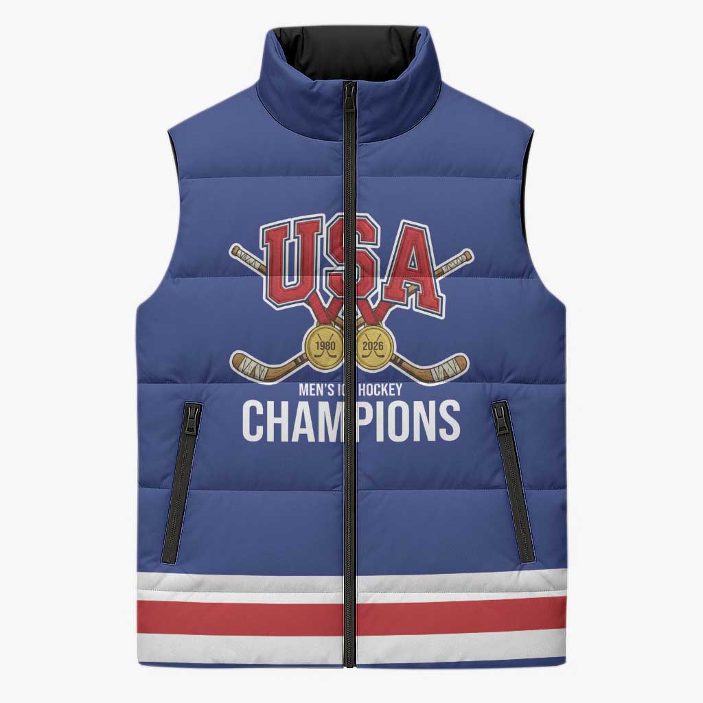 Custom United States Hockey 1980-2026 Gold Medal Sleeveless Puffer Jacket Embroidery Effect Blue Style