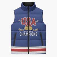 Custom United States Hockey 1980-2026 Gold Medal Sleeveless Puffer Jacket Embroidery Effect Blue Style