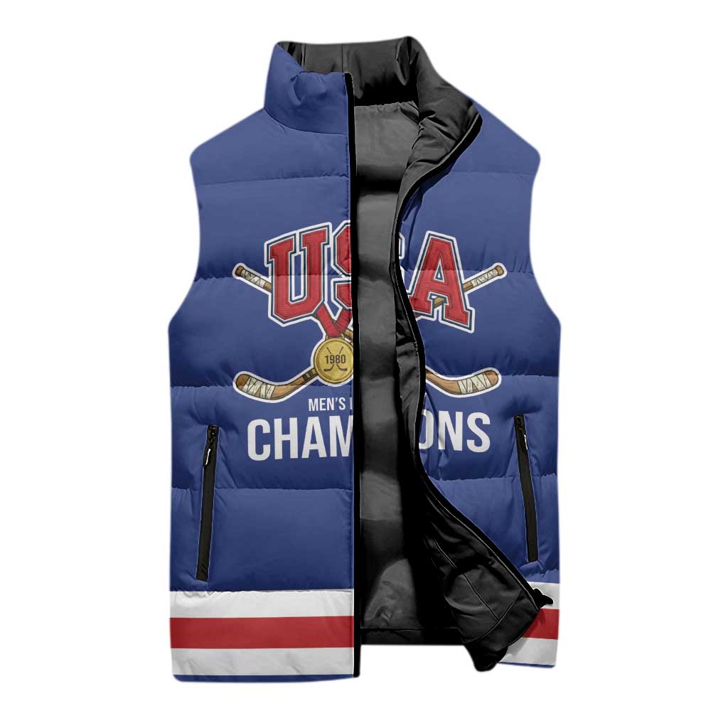 Custom United States Hockey 1980-2026 Gold Medal Sleeveless Puffer Jacket Embroidery Effect Blue Style