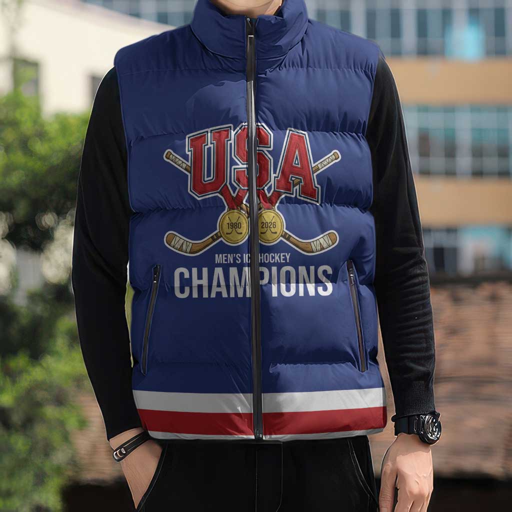 Custom United States Hockey 1980-2026 Gold Medal Sleeveless Puffer Jacket Embroidery Effect Blue Style
