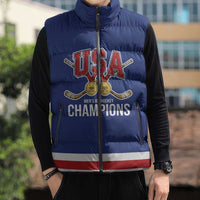 Custom United States Hockey 1980-2026 Gold Medal Sleeveless Puffer Jacket Embroidery Effect Blue Style