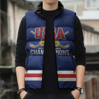 Custom United States Hockey 1980-2026 Gold Medal Sleeveless Puffer Jacket Embroidery Effect Blue Style