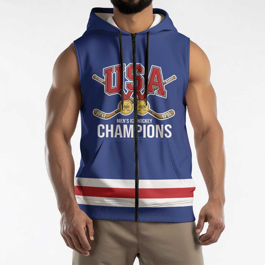 Custom United States Hockey 1980-2026 Gold Medal Sleeveless Zip Hoodie Embroidery Effect Blue Style