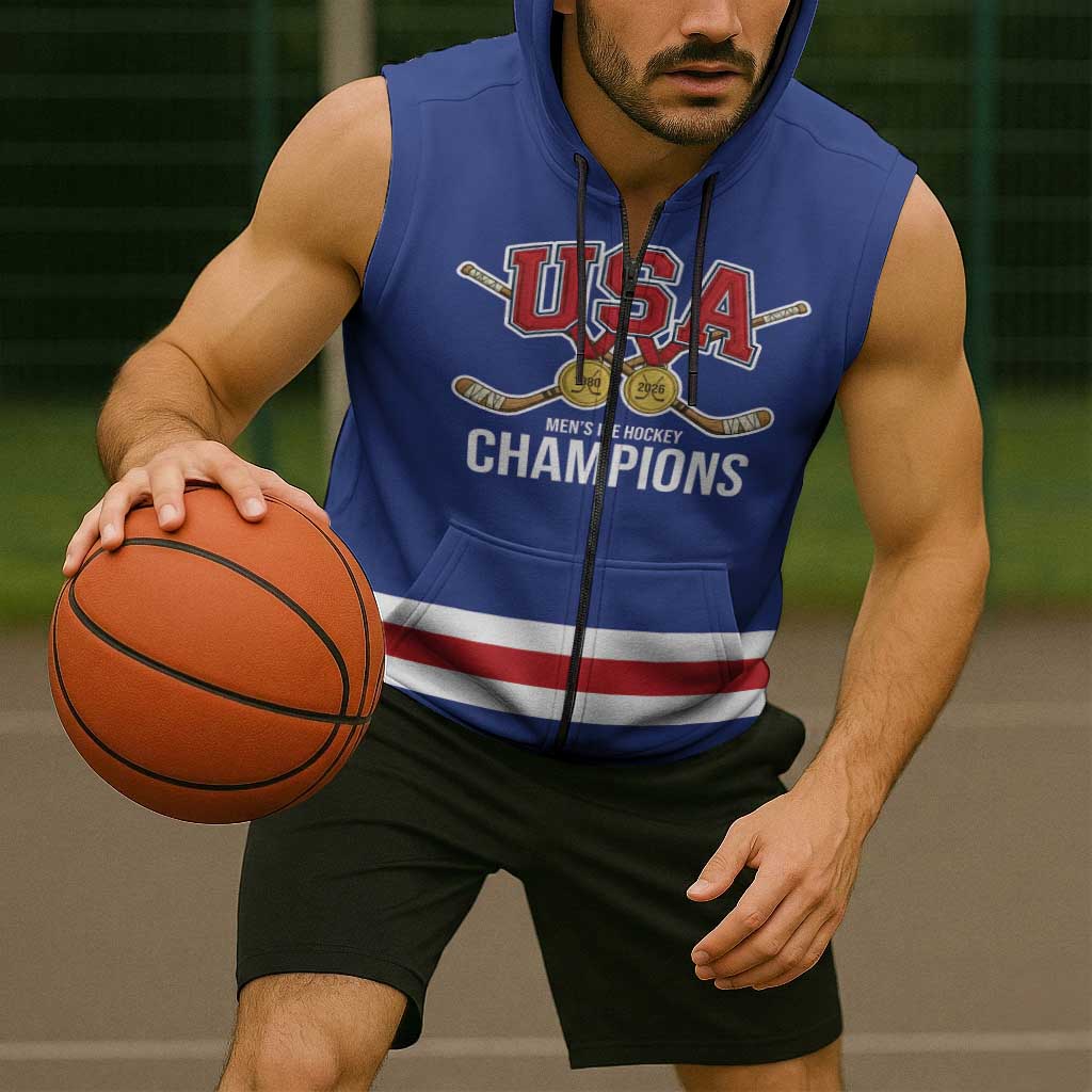 Custom United States Hockey 1980-2026 Gold Medal Sleeveless Zip Hoodie Embroidery Effect Blue Style