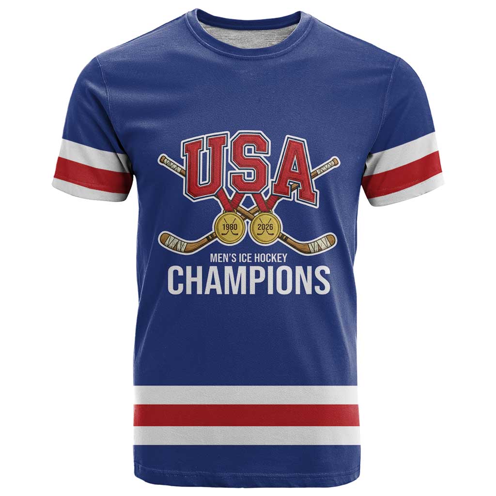 Custom United States Hockey 1980-2026 Gold Medal T Shirt Embroidery Effect Blue Style