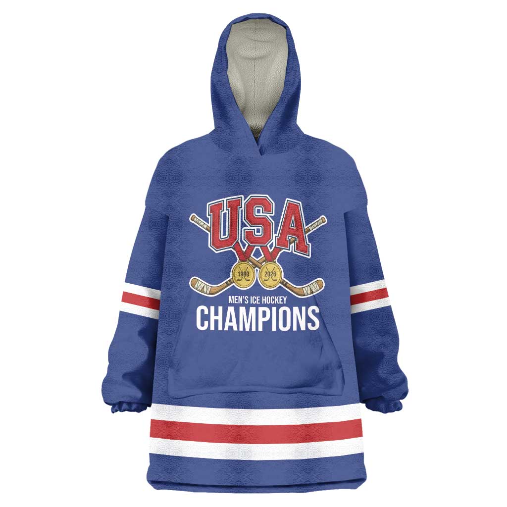 Custom United States Hockey 1980-2026 Gold Medal Wearable Blanket Hoodie Embroidery Effect Blue Style