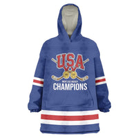 Custom United States Hockey 1980-2026 Gold Medal Wearable Blanket Hoodie Embroidery Effect Blue Style