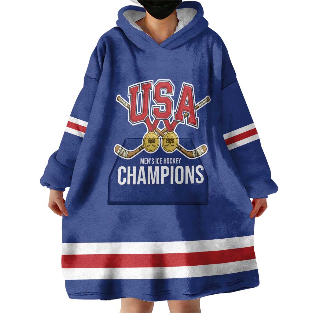Custom United States Hockey 1980-2026 Gold Medal Wearable Blanket Hoodie Embroidery Effect Blue Style