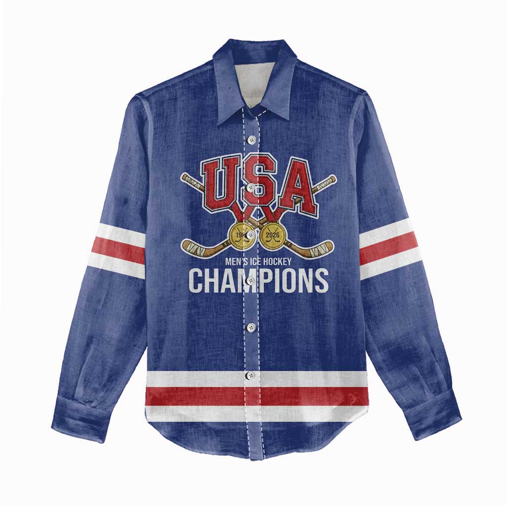 Custom United States Hockey 1980-2026 Gold Medal Women Casual Shirt Embroidery Effect Blue Style