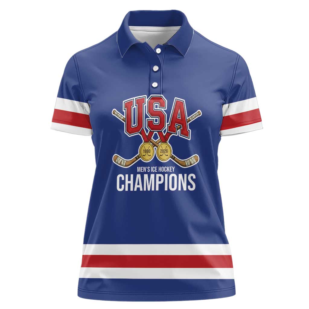 Custom United States Hockey 1980-2026 Gold Medal Women Polo Shirt Embroidery Effect Blue Style