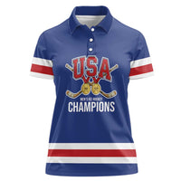 Custom United States Hockey 1980-2026 Gold Medal Women Polo Shirt Embroidery Effect Blue Style