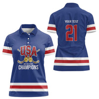 Custom United States Hockey 1980-2026 Gold Medal Women Polo Shirt Embroidery Effect Blue Style