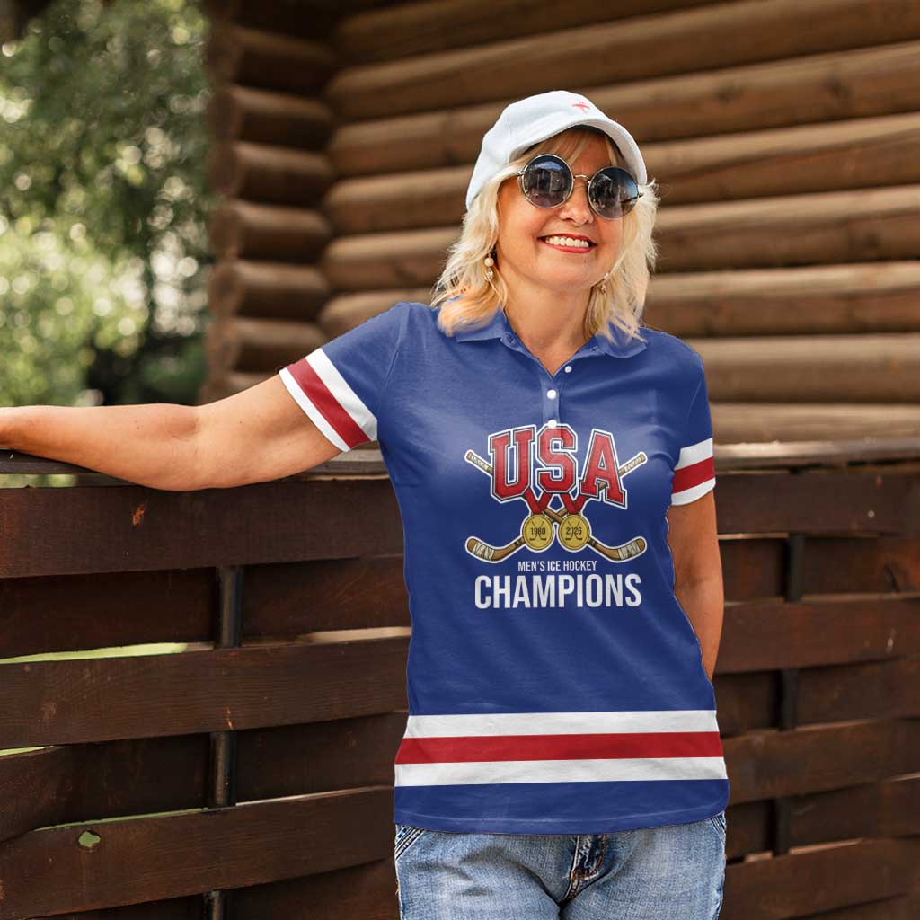 Custom United States Hockey 1980-2026 Gold Medal Women Polo Shirt Embroidery Effect Blue Style
