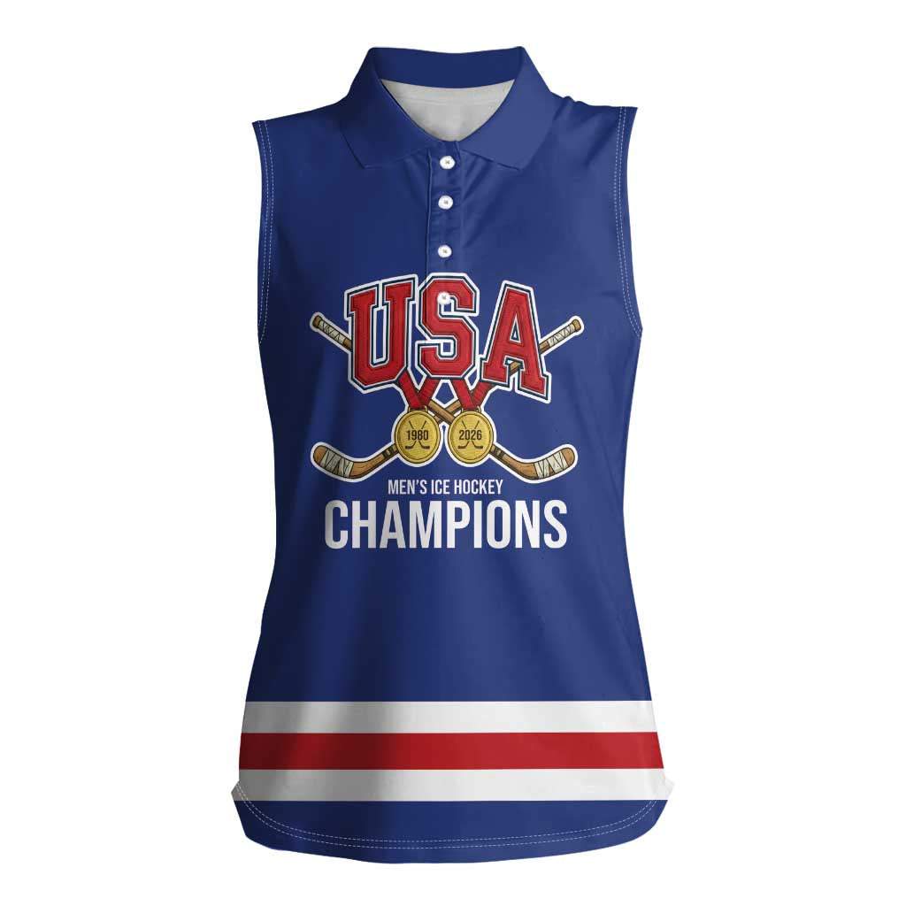 Custom United States Hockey 1980-2026 Gold Medal Women Sleeveless Polo Shirt Embroidery Effect Blue Style