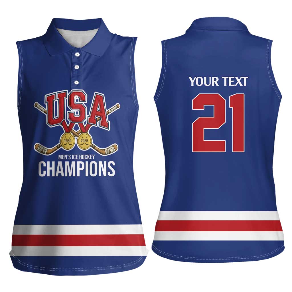 Custom United States Hockey 1980-2026 Gold Medal Women Sleeveless Polo Shirt Embroidery Effect Blue Style