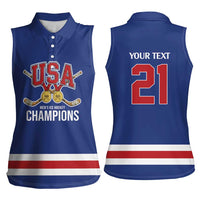 Custom United States Hockey 1980-2026 Gold Medal Women Sleeveless Polo Shirt Embroidery Effect Blue Style