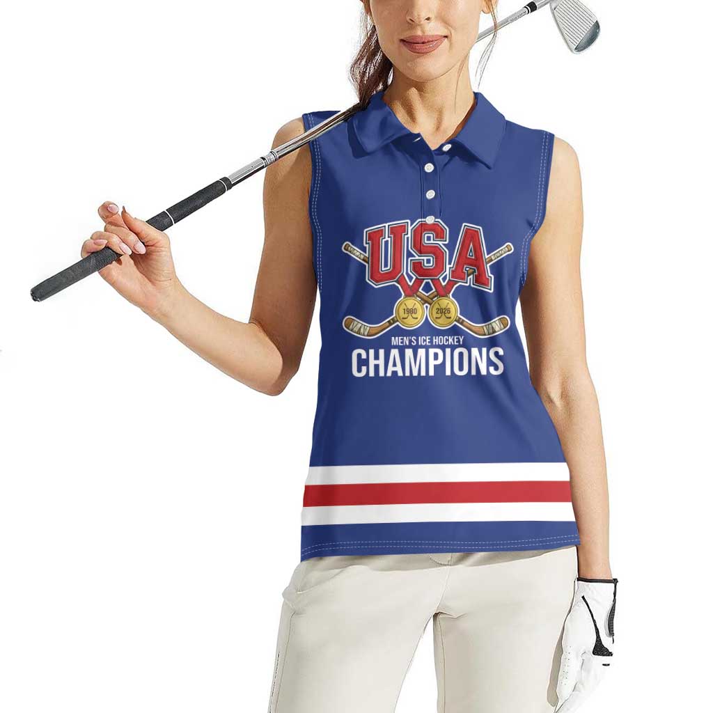 Custom United States Hockey 1980-2026 Gold Medal Women Sleeveless Polo Shirt Embroidery Effect Blue Style