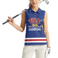 Custom United States Hockey 1980-2026 Gold Medal Women Sleeveless Polo Shirt Embroidery Effect Blue Style