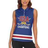 Custom United States Hockey 1980-2026 Gold Medal Women Sleeveless Polo Shirt Embroidery Effect Blue Style