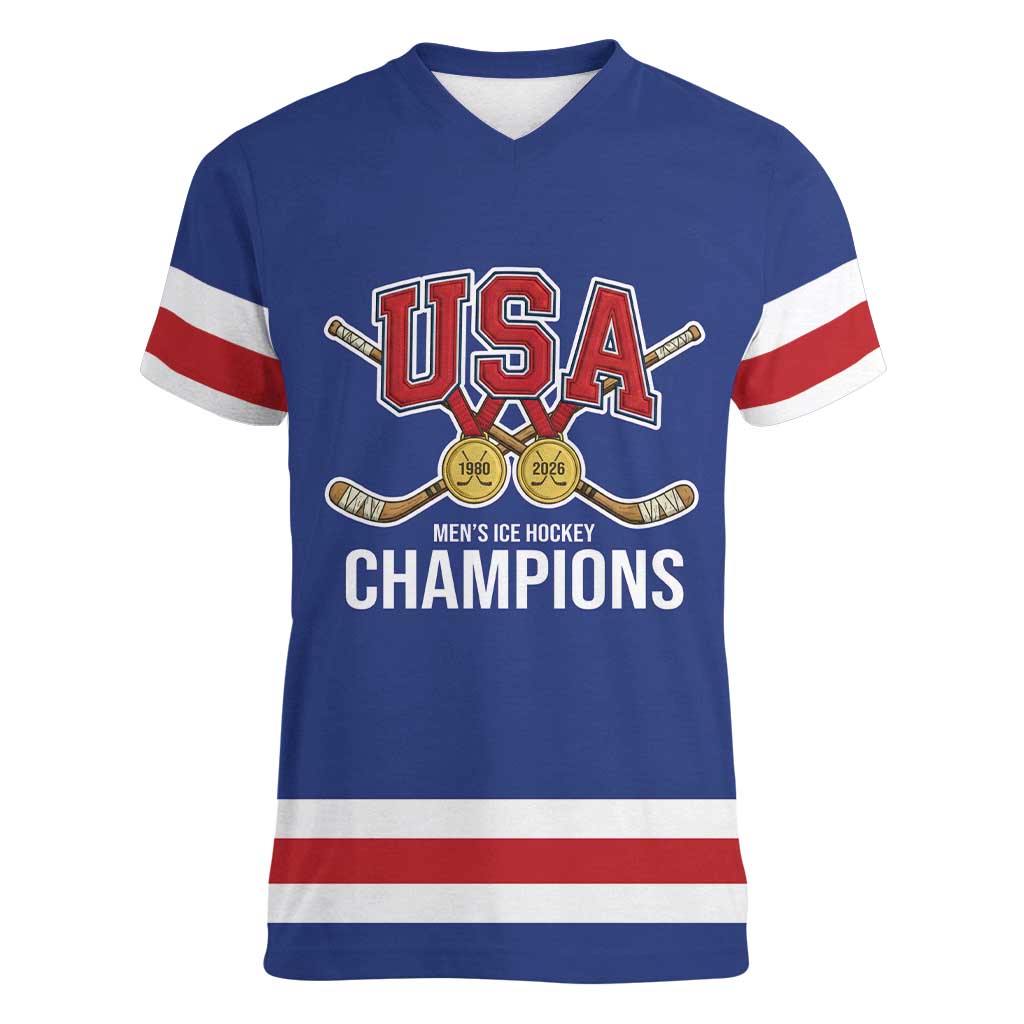 Custom United States Hockey 1980-2026 Gold Medal Women V-Neck T-Shirt Embroidery Effect Blue Style