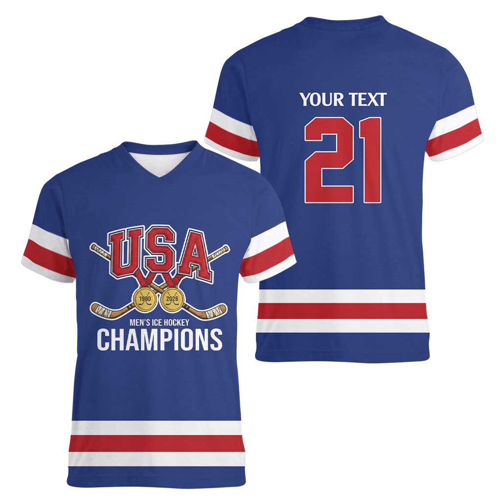 Custom United States Hockey 1980-2026 Gold Medal Women V-Neck T-Shirt Embroidery Effect Blue Style