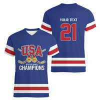 Custom United States Hockey 1980-2026 Gold Medal Women V-Neck T-Shirt Embroidery Effect Blue Style