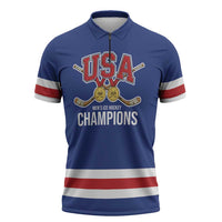 Custom United States Hockey 1980-2026 Gold Medal Zipper Polo Shirt Embroidery Effect Blue Style